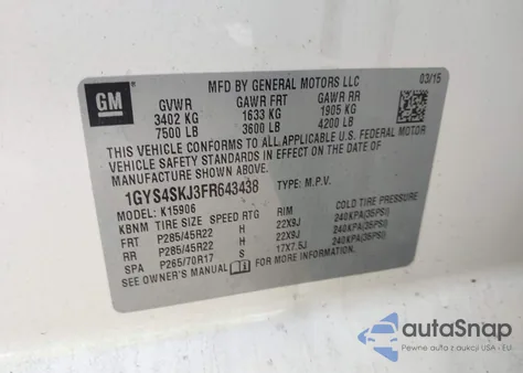 2015 Cadillac Escalade Esv Luxury z USA, uszkodzony, nr VIN 1GYS4SKJ3FR643438